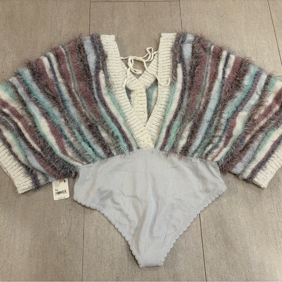 Free People Tinsel Town Striped Fuzzy Sweater Bodysuit size XL - Picture 6 of 9
